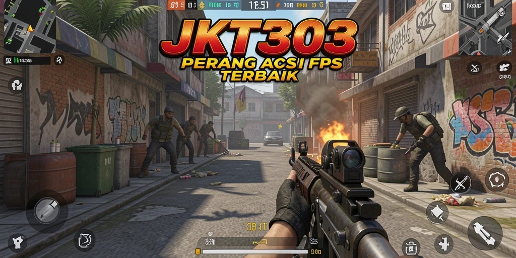 Screenshot gameplay JKT303 menampilkan aksi tembak-menembak yang intens.