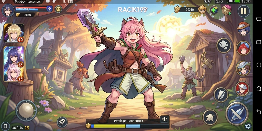 Screenshot utama RACIK198 menampilkan aksi pertempuran yang dinamis dan karakter anime.